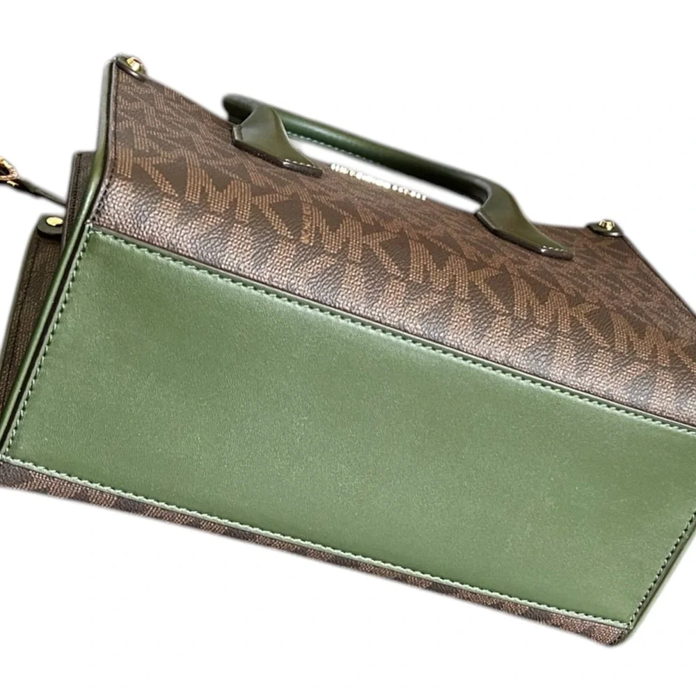 MICHAEL KORS Brown MK Logo Satchel with Olive Green Trim and Gold Hardware